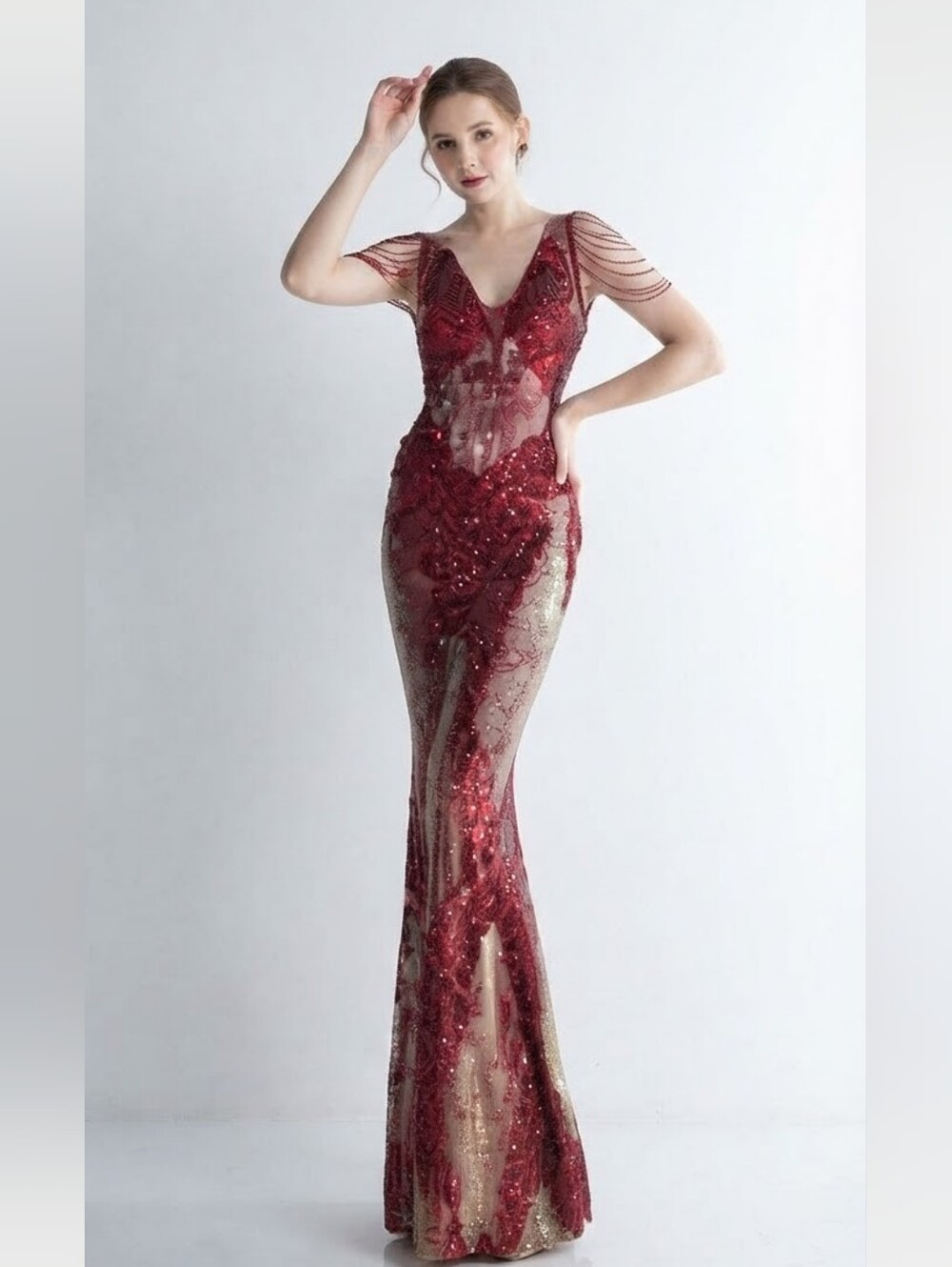 WIne Red, Floral, Sleeveless,  Round Back, V Neck,  Sequined Mermaid Gown